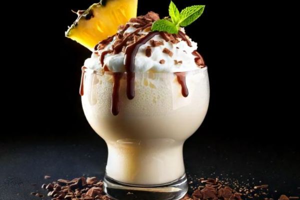 Granizado de piña colada Mixies con salsa de chocolate y cacao