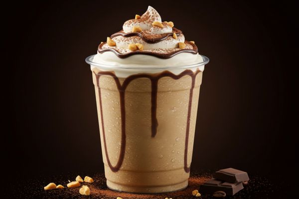 Vaso de granizado de café con crema, salsa de chocolate y maní triturado