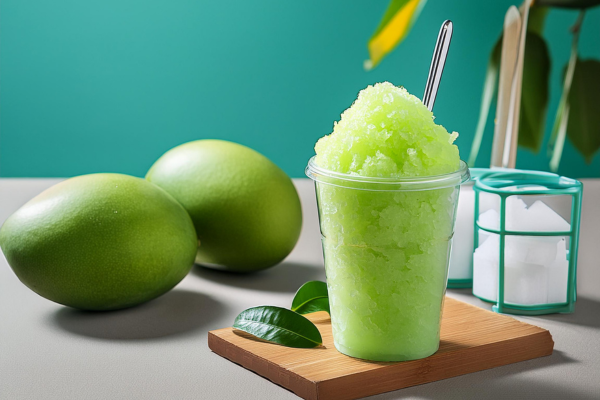 Granizado de mango biche sobre una mesa acompañado de mangos naturales