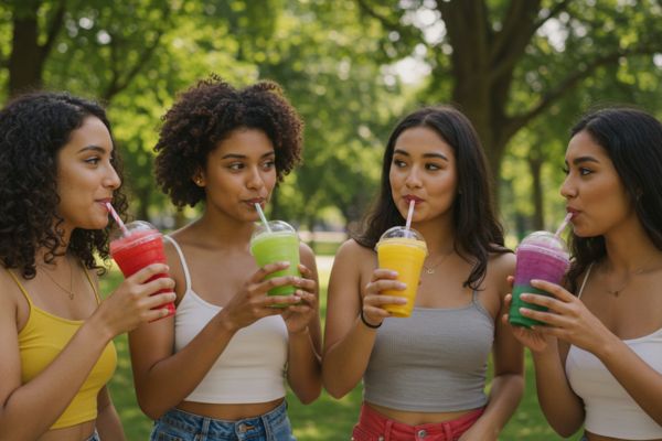 Chicas jóvenes con granizados de frutas Mixies